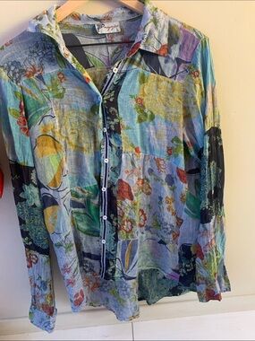 Magazine brand lightweight cotton voile Blue patchwork Floral Button-Down shirt